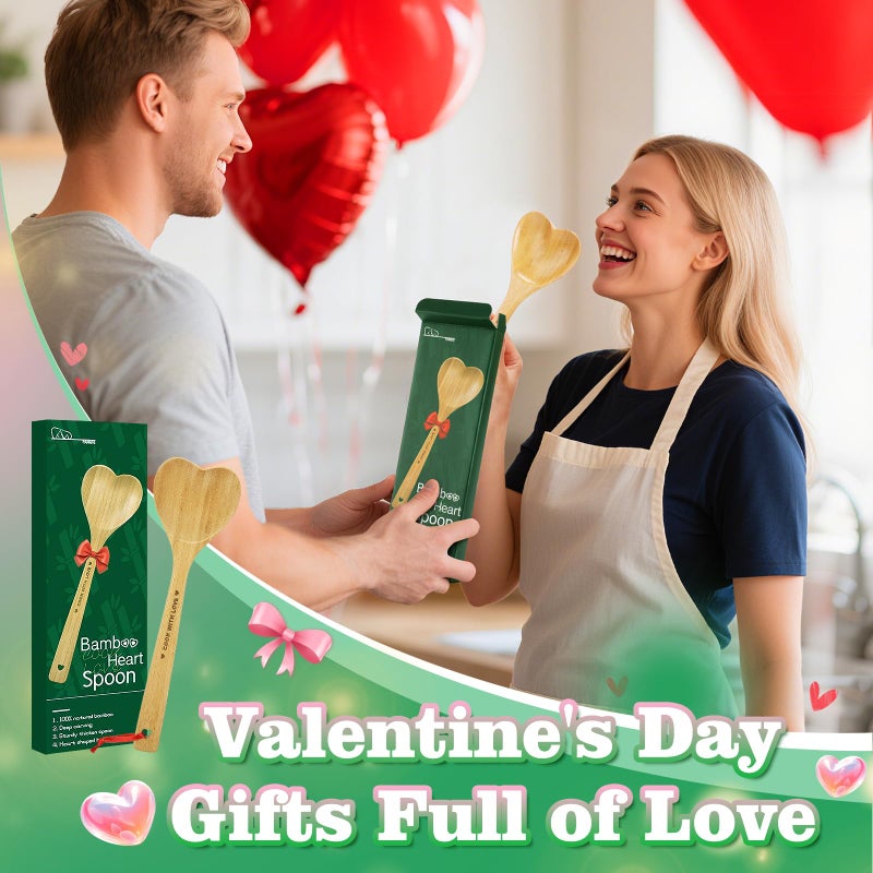 PAMASE Bamboo Heart Shaped Spoon for Cooking - Wooden Cook with Love Spoon Kitchen Utensils, Valentines Mother's Day Gifts for Grandma Mom Couple Wife Hostesses House Warming - Image 3